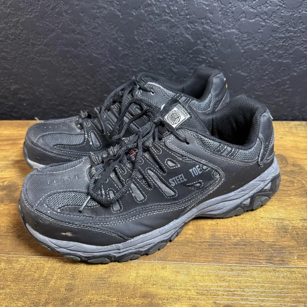 Skechers‎ Blais 77055W Black Leather Steel Toe Work Safety Shoes Mens 10.5 Wide